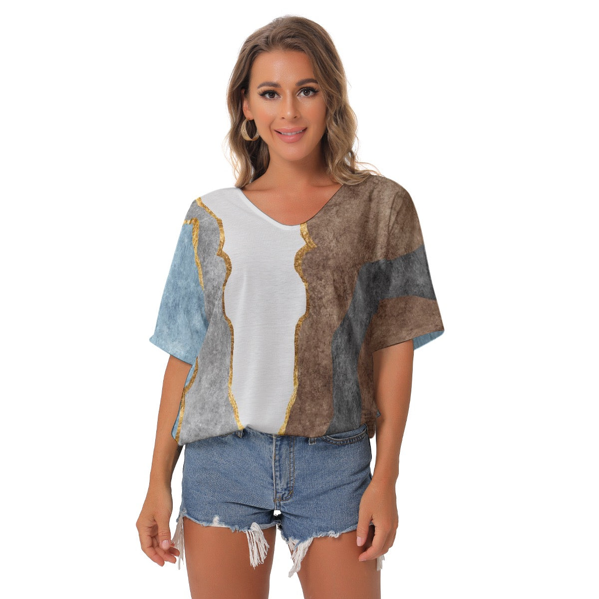 All-Over Print Women's Bat Sleeves V-Neck Blouse