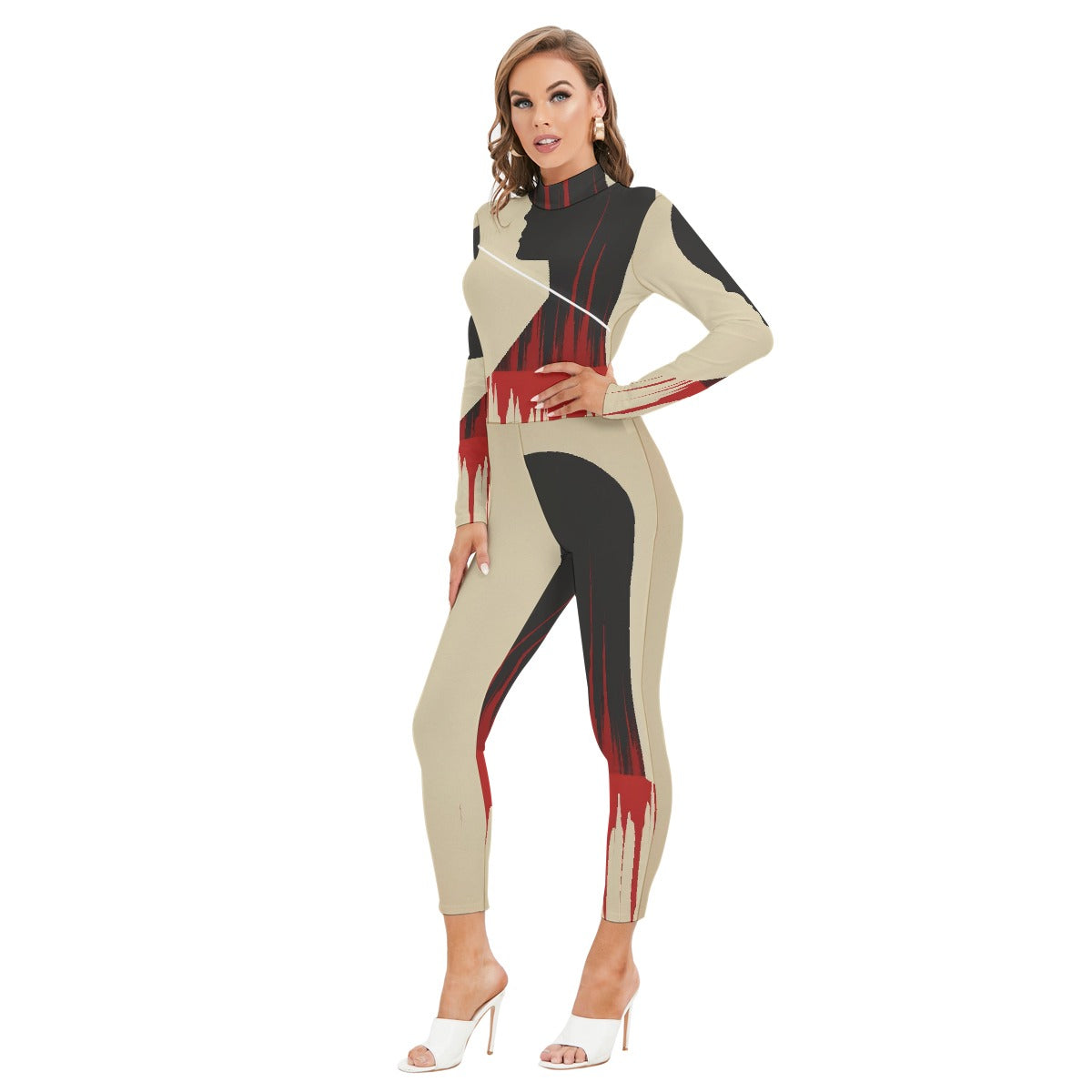 All-Over Print Women's Long-sleeved High-neck Jumpsuit With Zipper