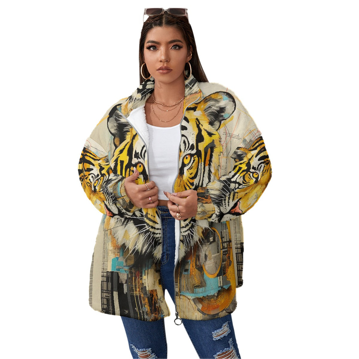 All-Over Print Unisex Borg Fleece Stand-up Collar Coat With Zipper Closure(Plus Size)