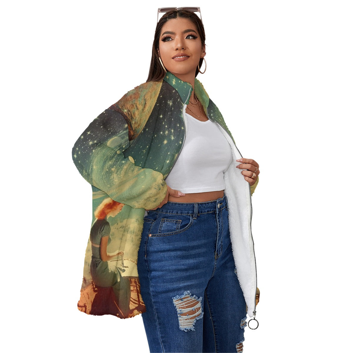 All-Over Print Unisex Borg Fleece Stand-up Collar Coat With Zipper Closure(Plus Size)