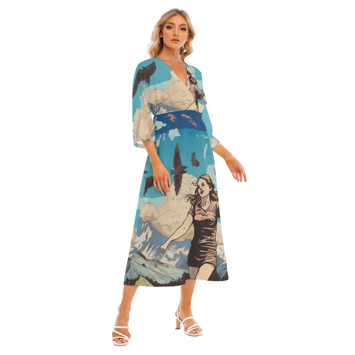 All-Over Print Women's Mid-Sleeve Long Dress
