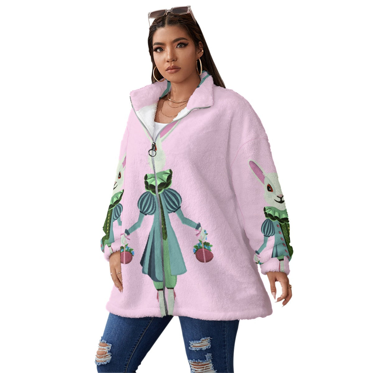 All-Over Print Unisex Borg Fleece Stand-up Collar Coat With Zipper Closure(Plus Size)