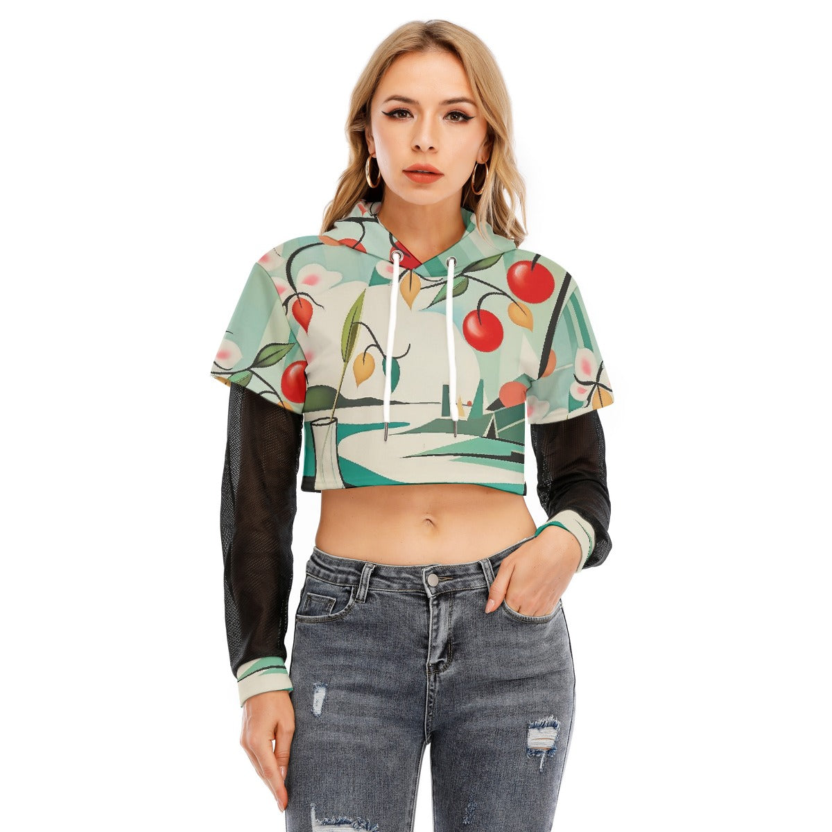 All-Over Print Women's Fake Two-piece Mesh Sleeve Cropped Hoodie
