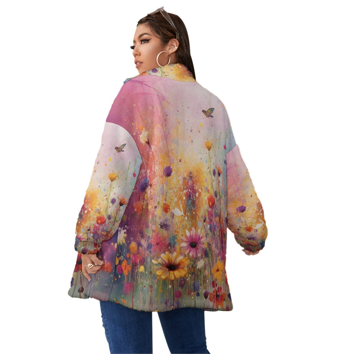 All-Over Print Unisex Borg Fleece Stand-up Collar Coat With Zipper Closure(Plus Size)