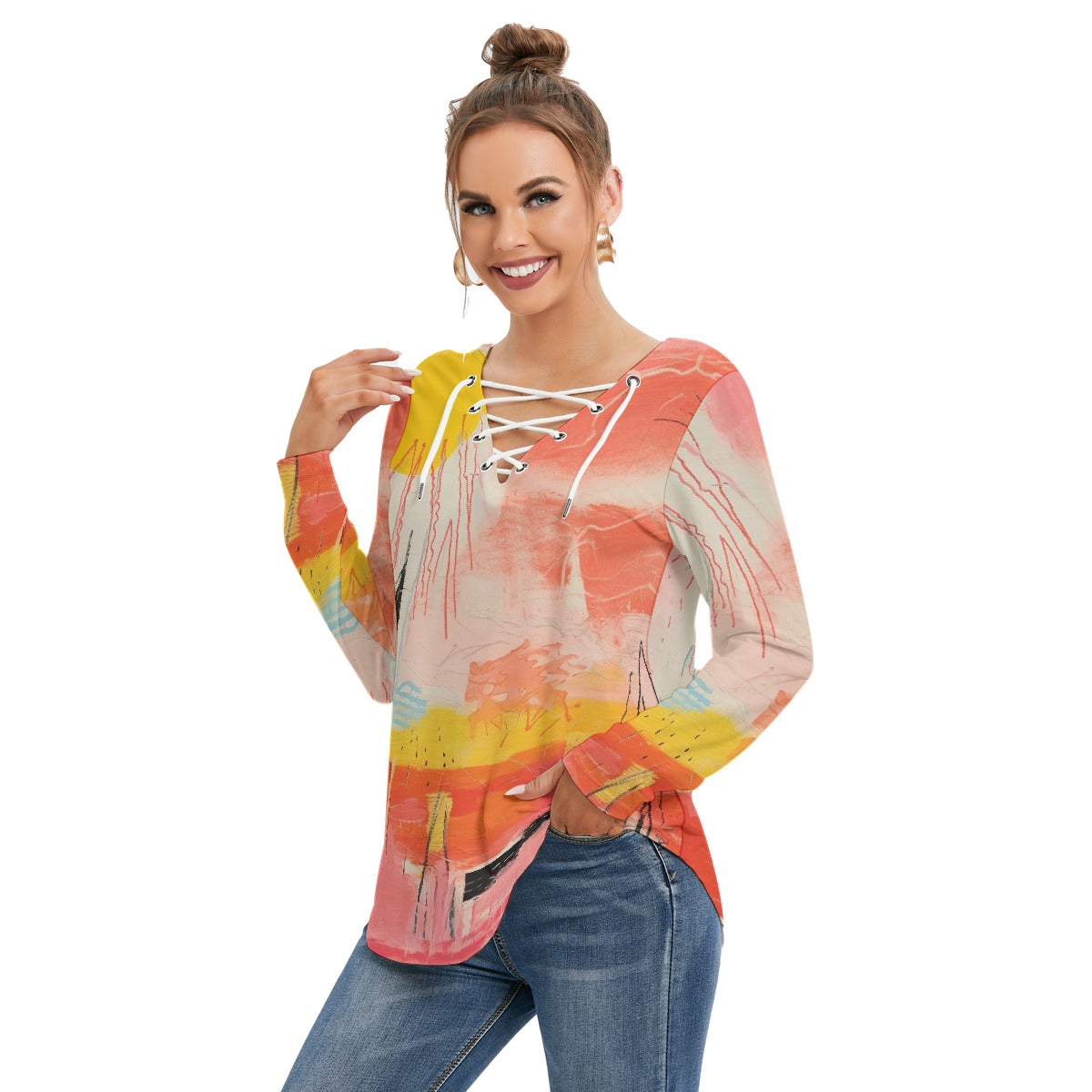 All-Over Print Women's Long Sleeve Neckline Tie Sweatshirt