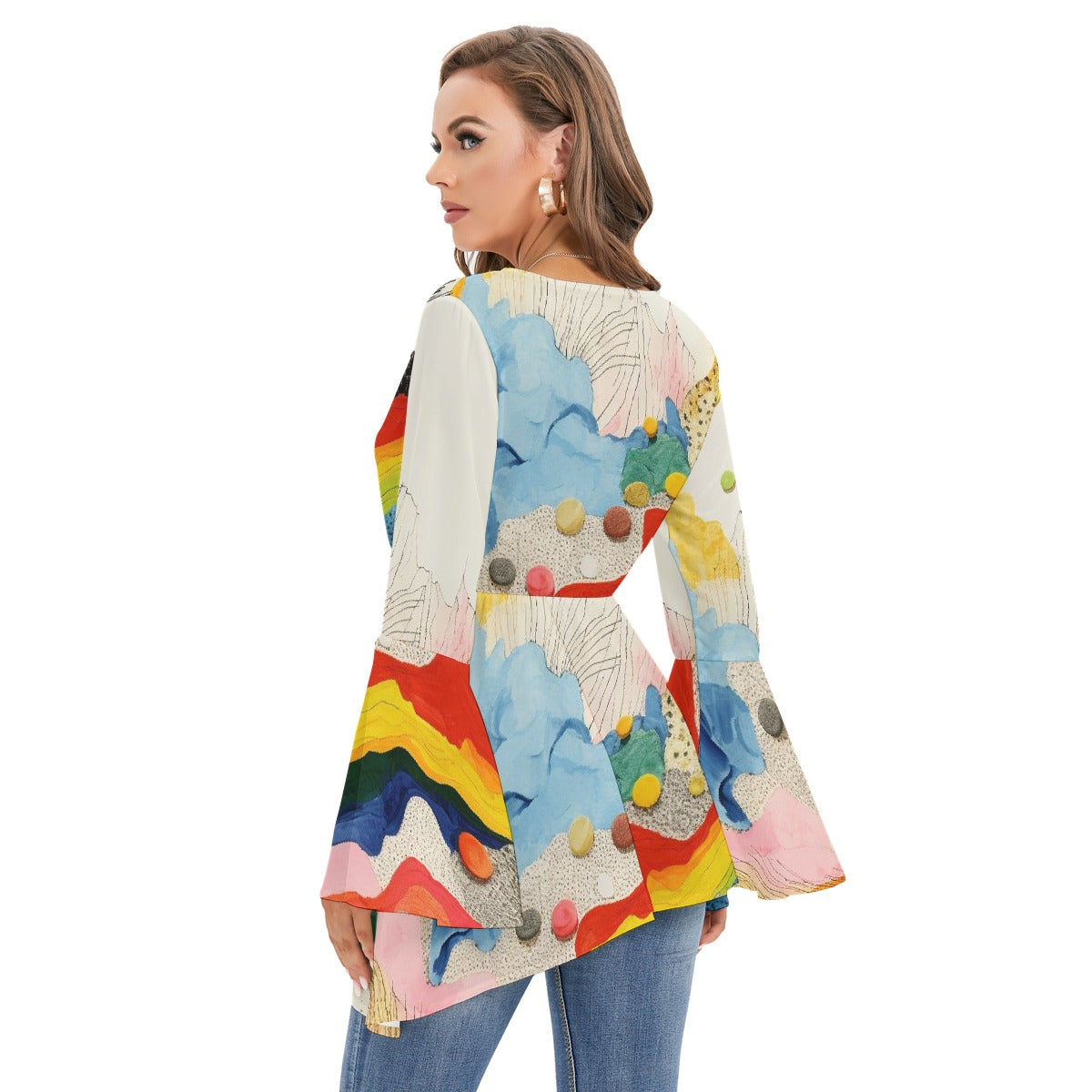 All-Over Print Women's V-neck Blouse With Flared Sleeves