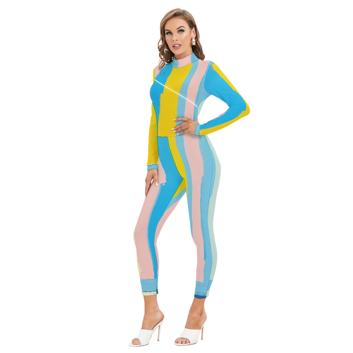 All-Over Print Women's Long-sleeved High-neck Jumpsuit With Zipper