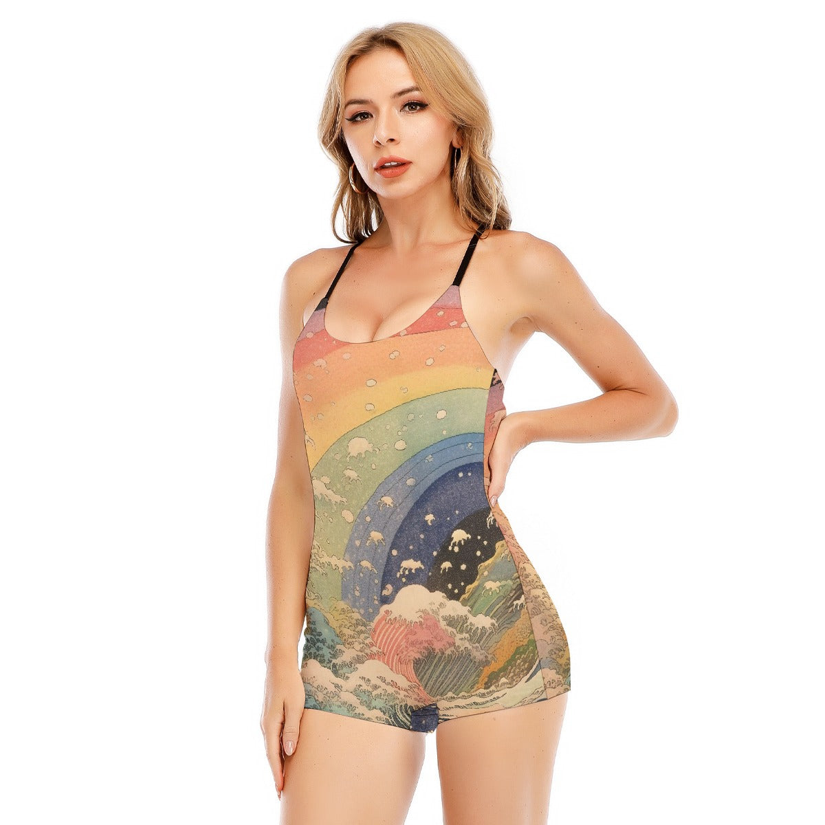 All-Over Print Women's Backless Romper With Black Straps