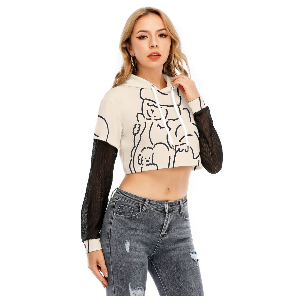 All-Over Print Women's Fake Two-piece Mesh Sleeve Cropped Hoodie