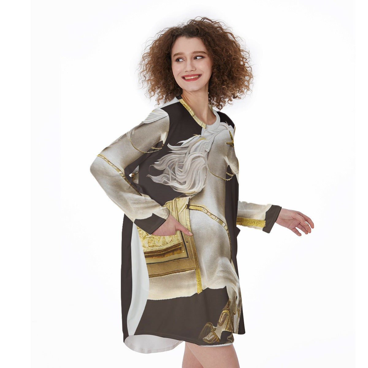 All-Over Print Women's Casual Loose Long Sleeve Dress With Pocket