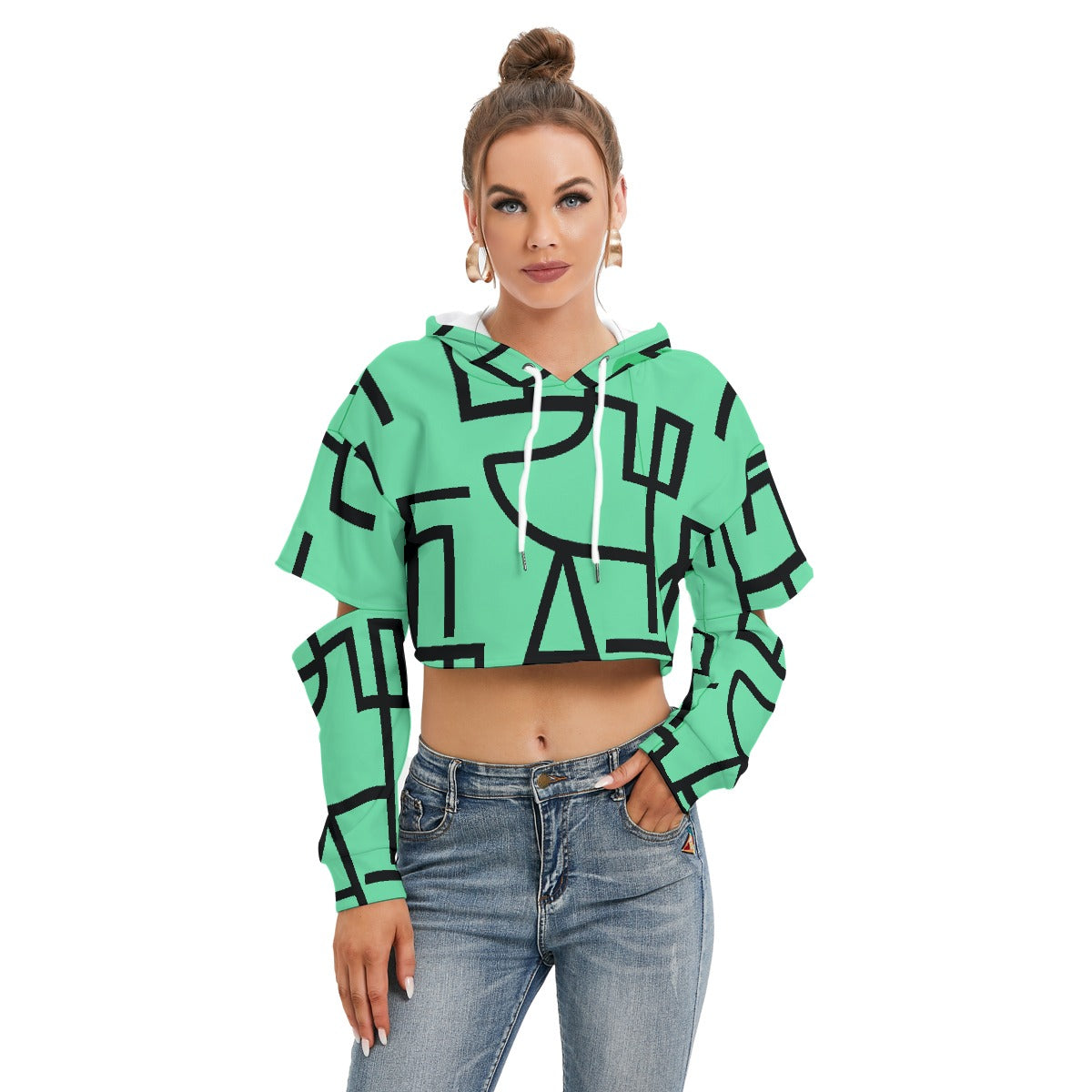 All-Over Print Women's Heavy Fleece Hoodie With Hollow Out Sleeve
