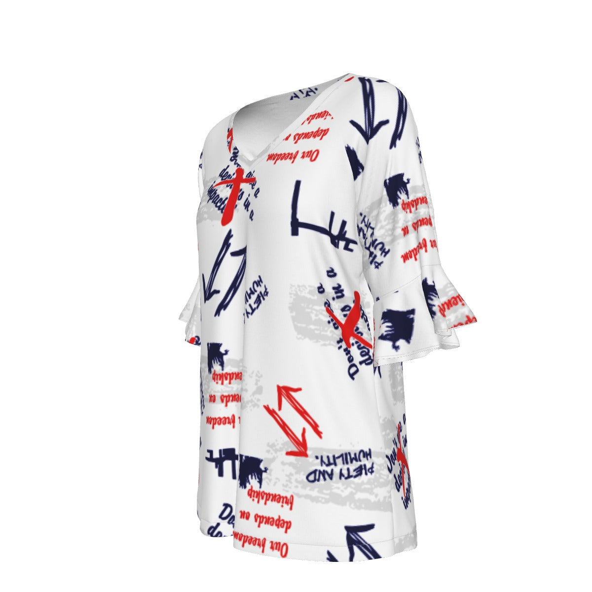 All-Over Print V-neck Women's T-shirt With Bell Sleeve