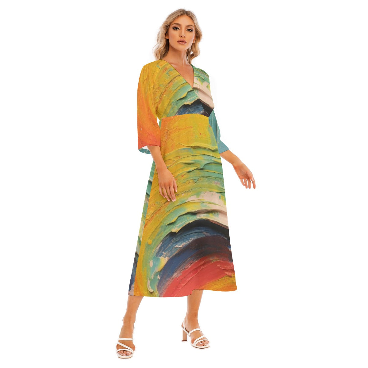 All-Over Print Women's Mid-Sleeve Long Dress