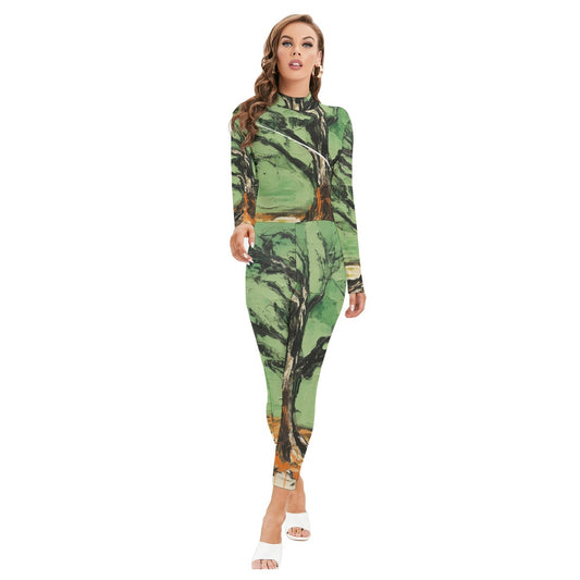 All-Over Print Women's Long-sleeved High-neck Jumpsuit With Zipper