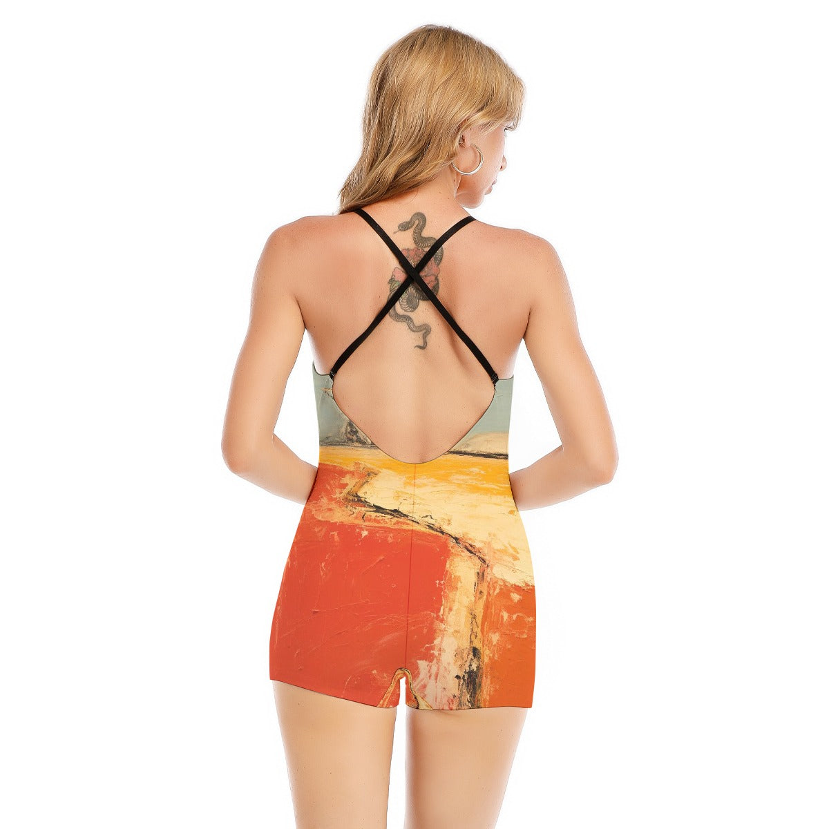 All-Over Print Women's Backless Romper With Black Straps