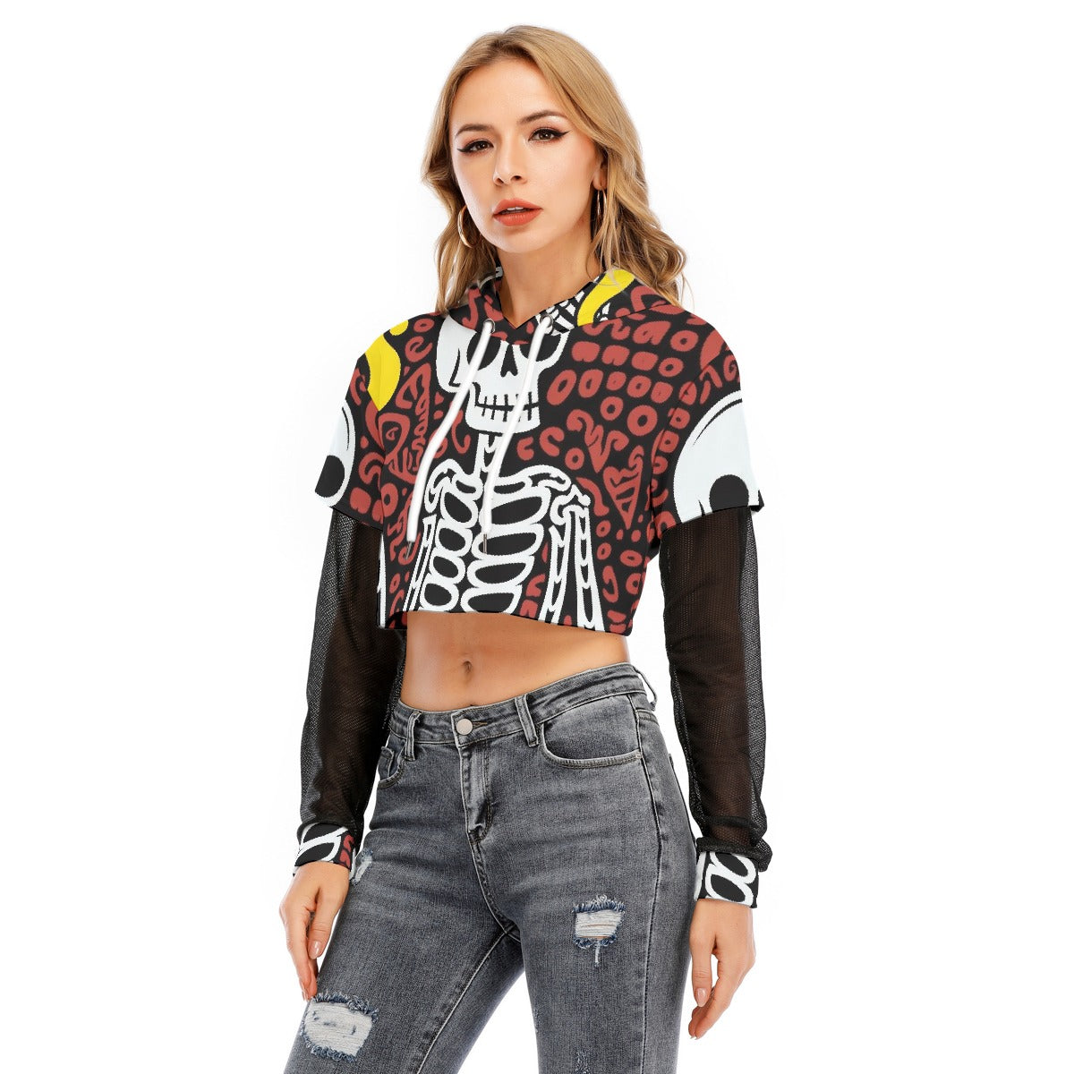 All-Over Print Women's Fake Two-piece Mesh Sleeve Cropped Hoodie