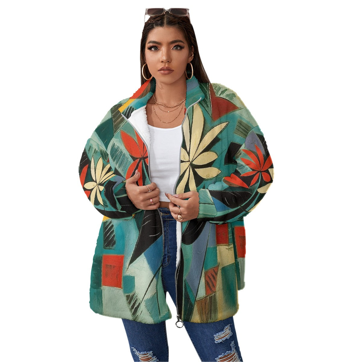 All-Over Print Unisex Borg Fleece Stand-up Collar Coat With Zipper Closure(Plus Size)
