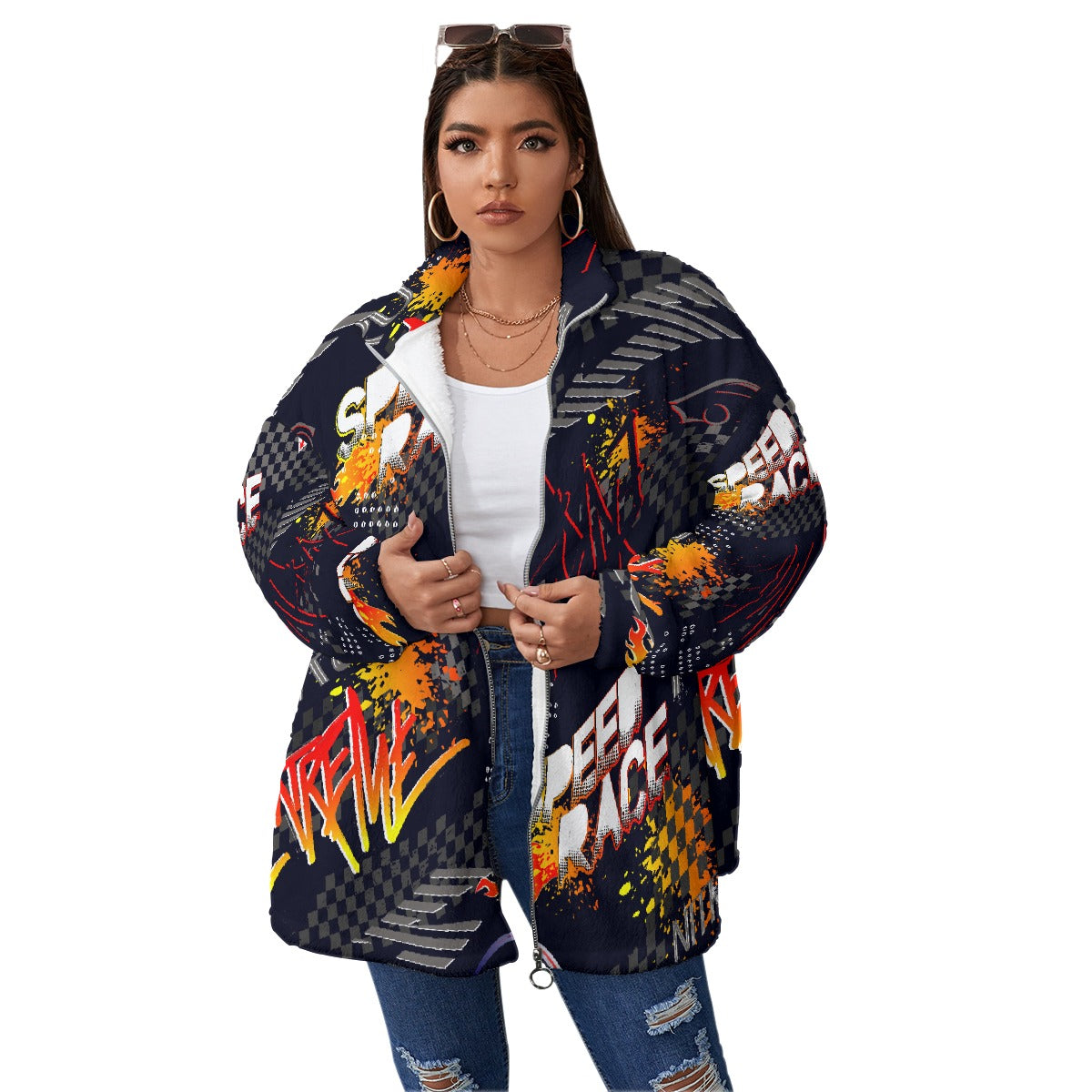 All-Over Print Unisex Borg Fleece Stand-up Collar Coat With Zipper Closure(Plus Size)