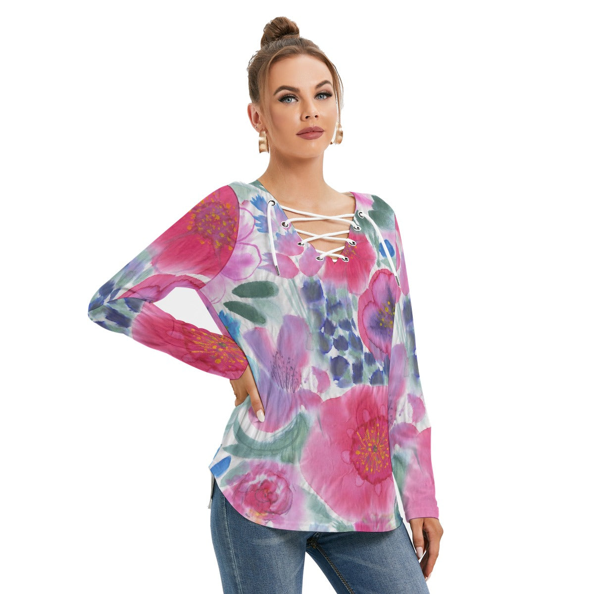All-Over Print Women's Long Sleeve Neckline Tie Sweatshirt