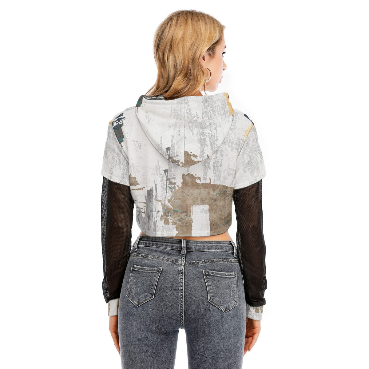 All-Over Print Women's Fake Two-piece Mesh Sleeve Cropped Hoodie