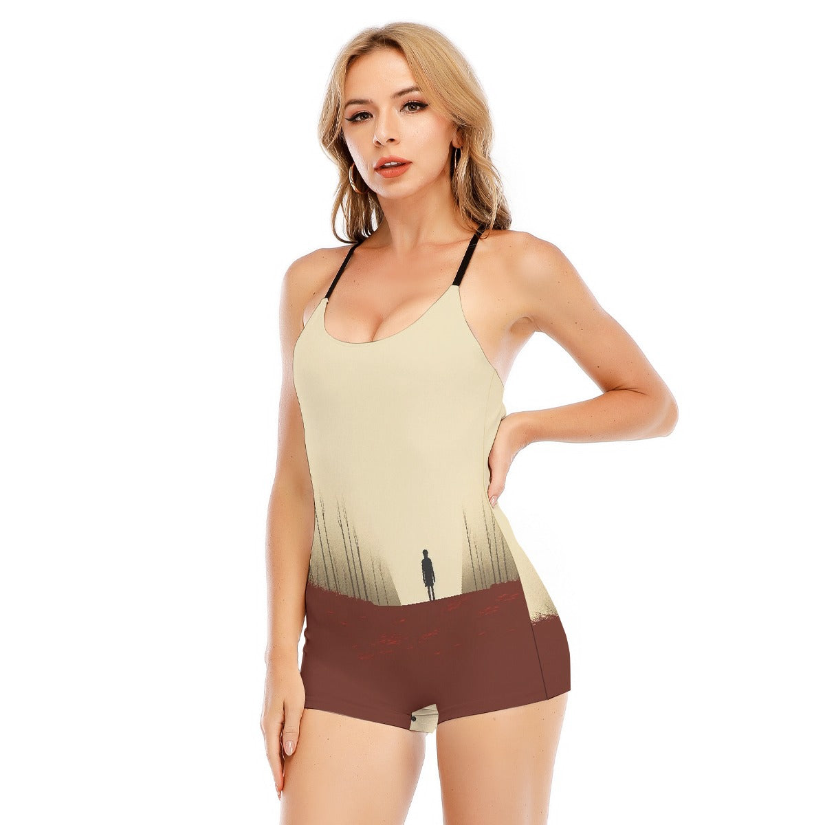 All-Over Print Women's Backless Romper With Black Straps