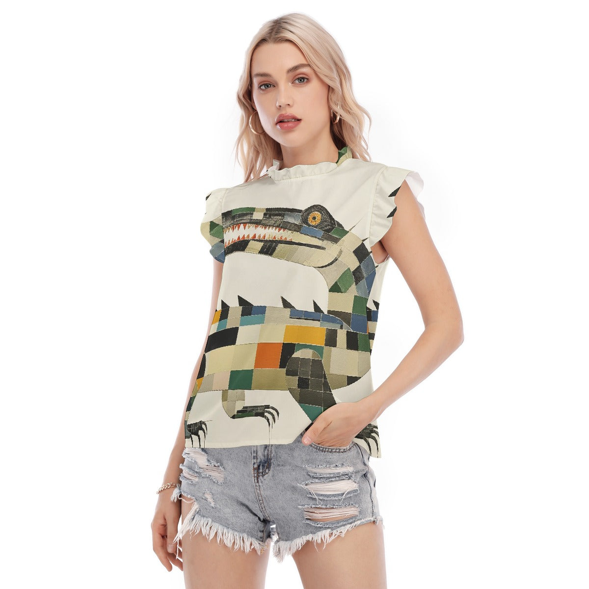 All-Over Print Women's Blouse With Ruffle Collar And Sleeve