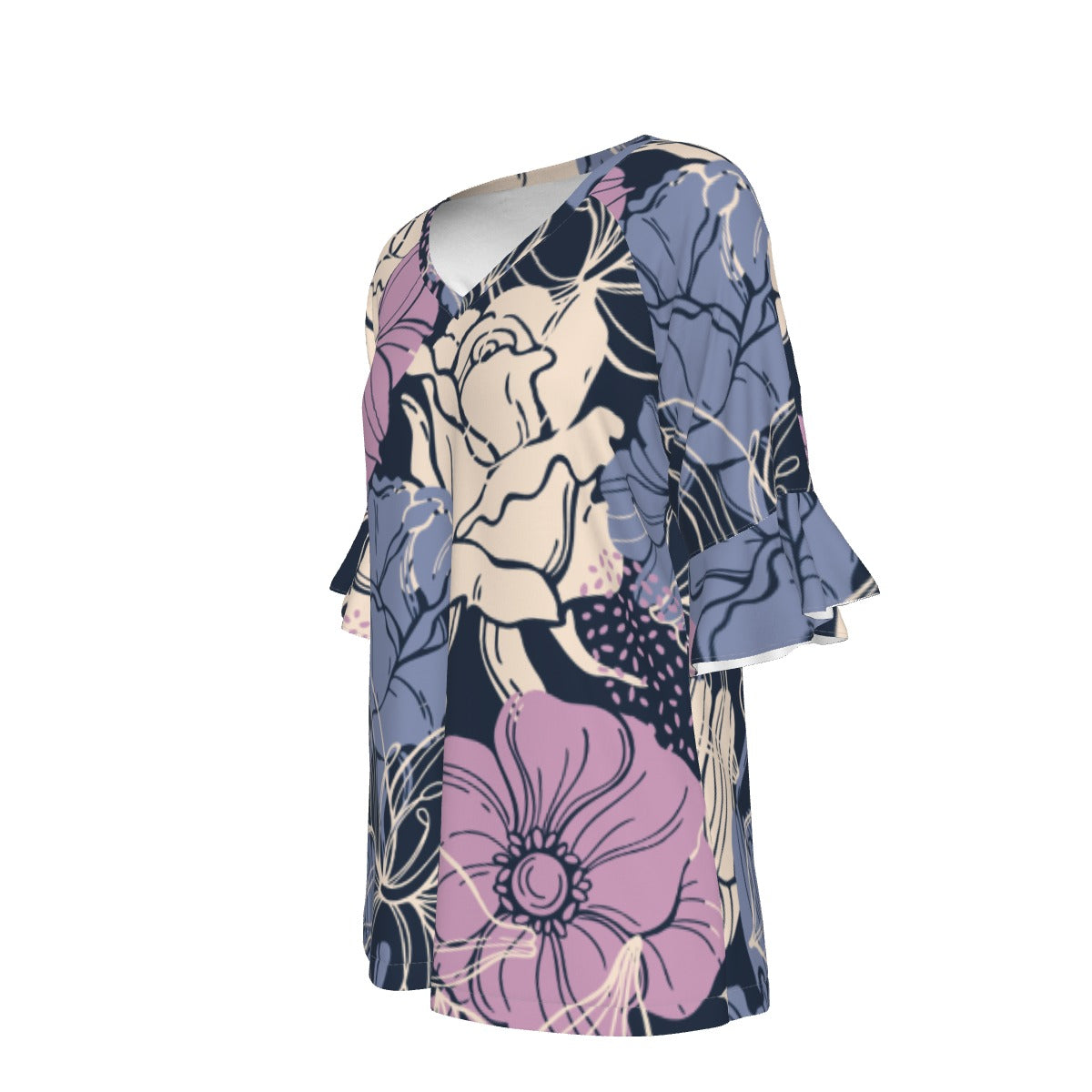 All-Over Print V-neck Women's T-shirt With Bell Sleeve