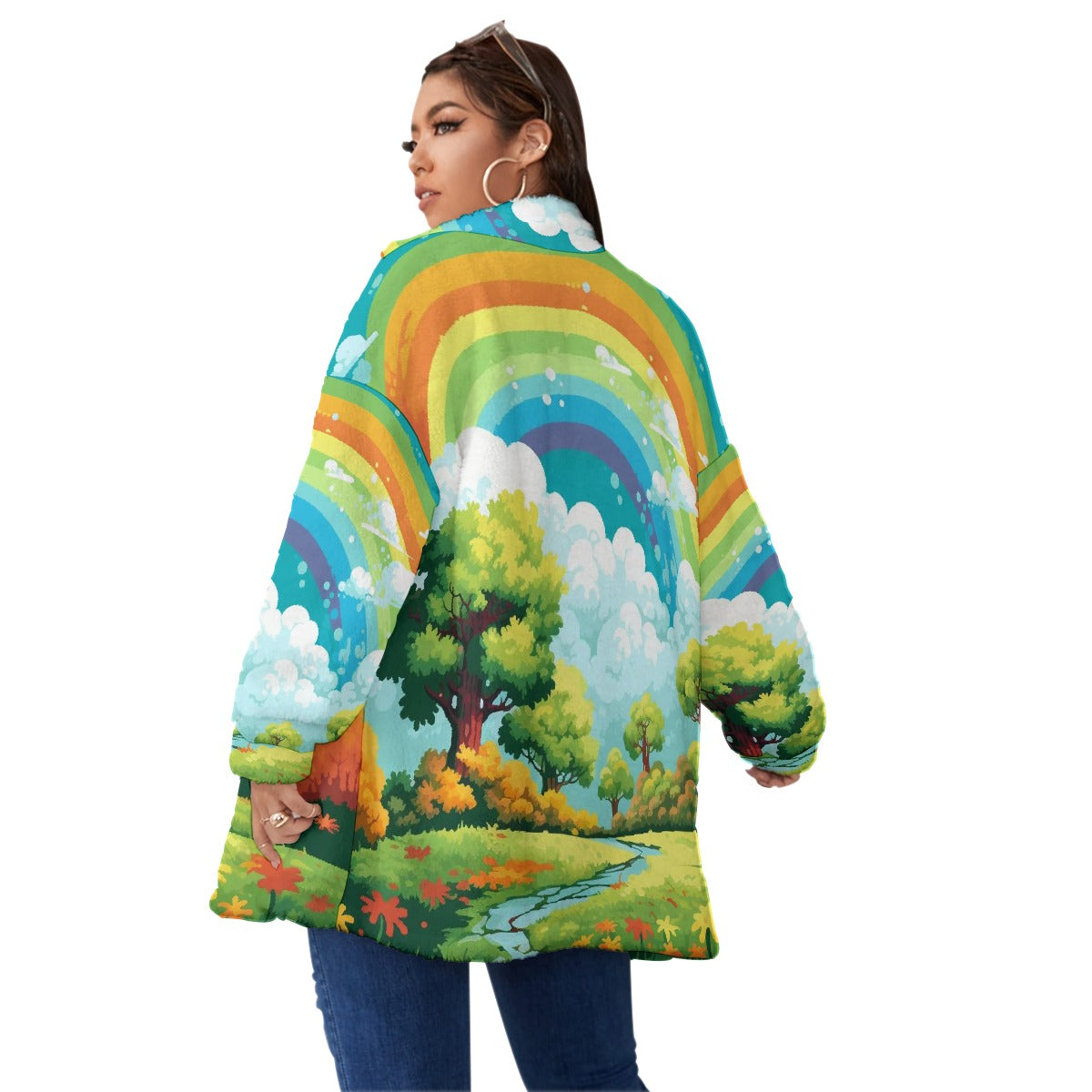 All-Over Print Unisex Borg Fleece Stand-up Collar Coat With Zipper Closure(Plus Size)