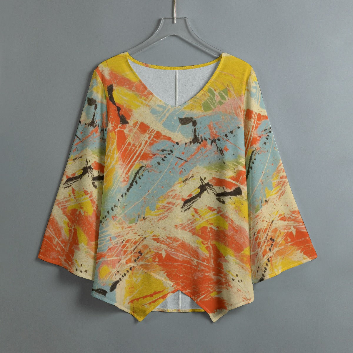 All-Over Print Women's V-neck T-shirt With Irregular Hem