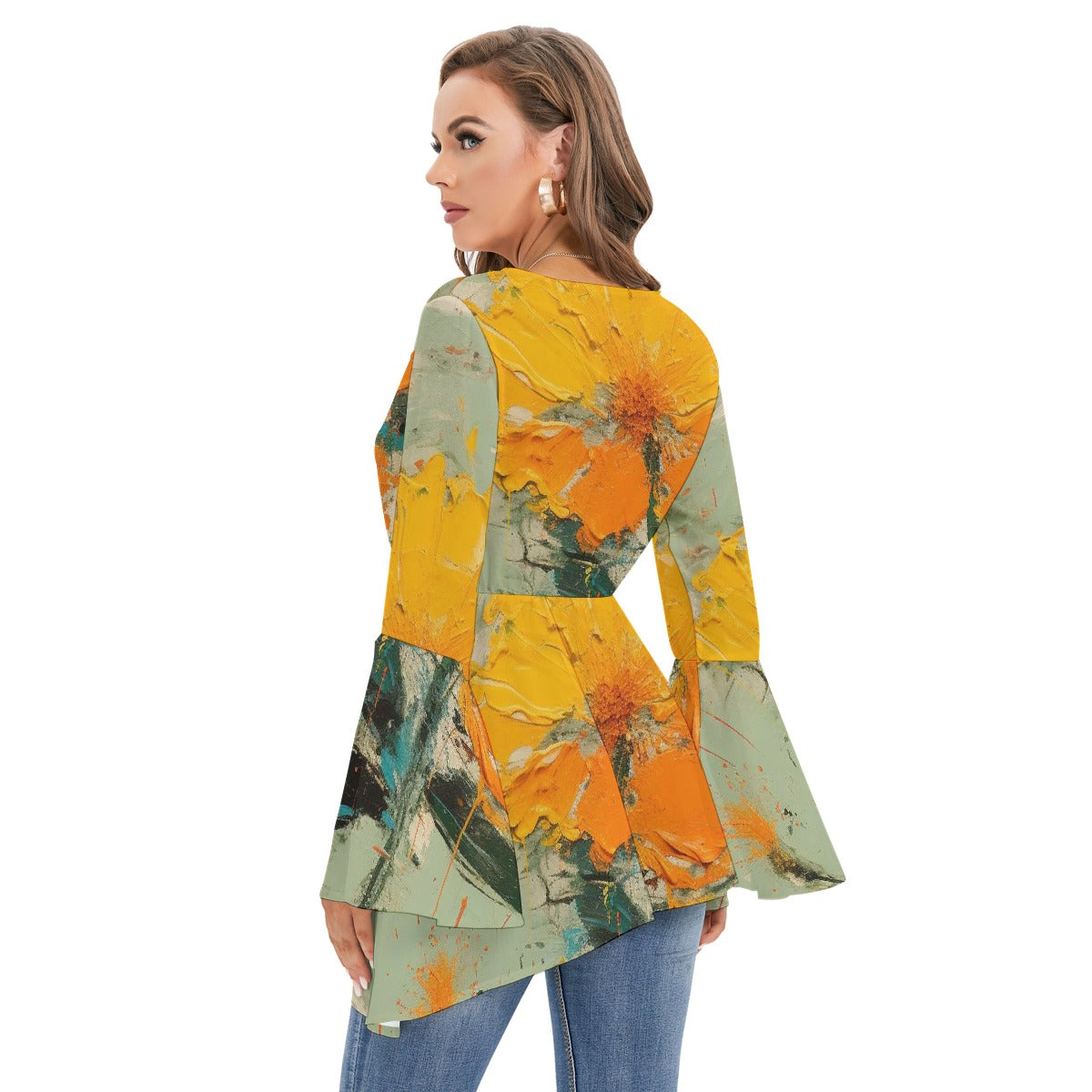 All-Over Print Women's V-neck Blouse With Flared Sleeves