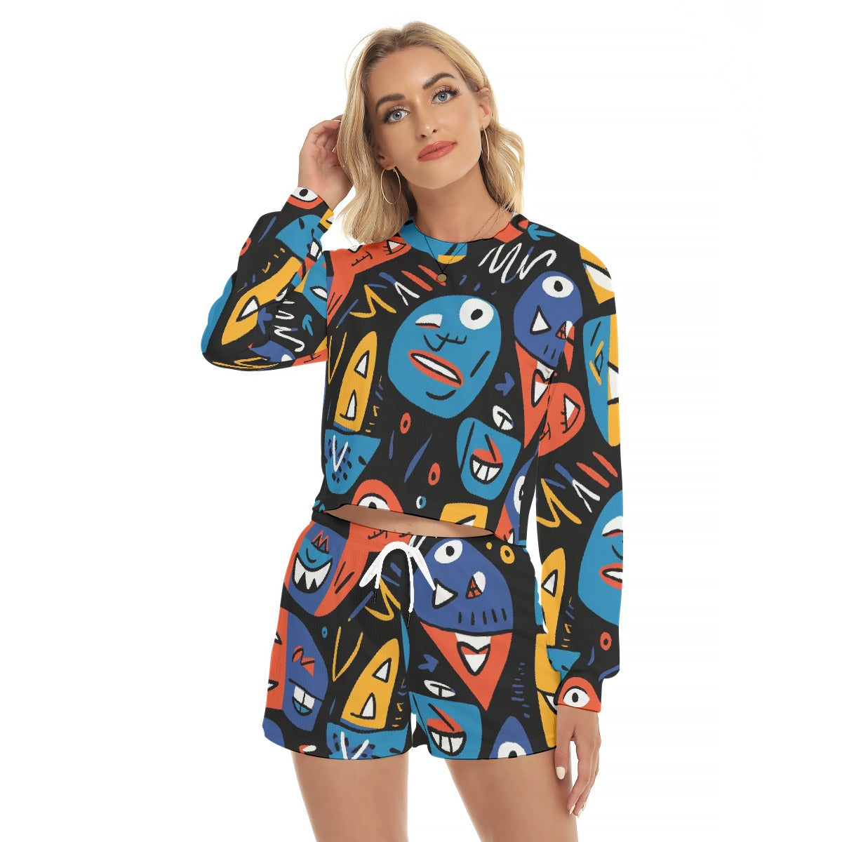 All-Over Print Women's Short Sweatshirt And Pants Suit