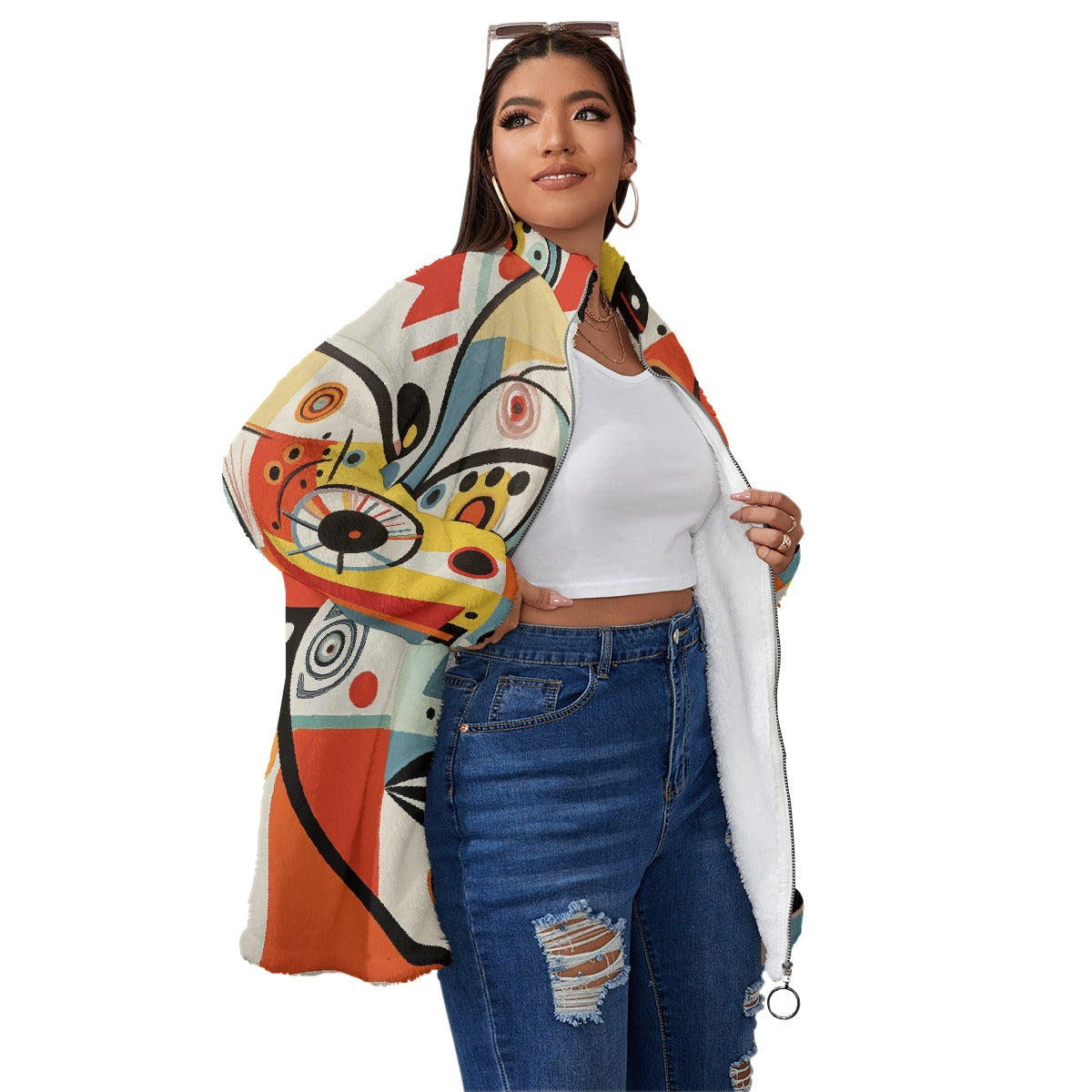 All-Over Print Unisex Borg Fleece Stand-up Collar Coat With Zipper Closure(Plus Size)