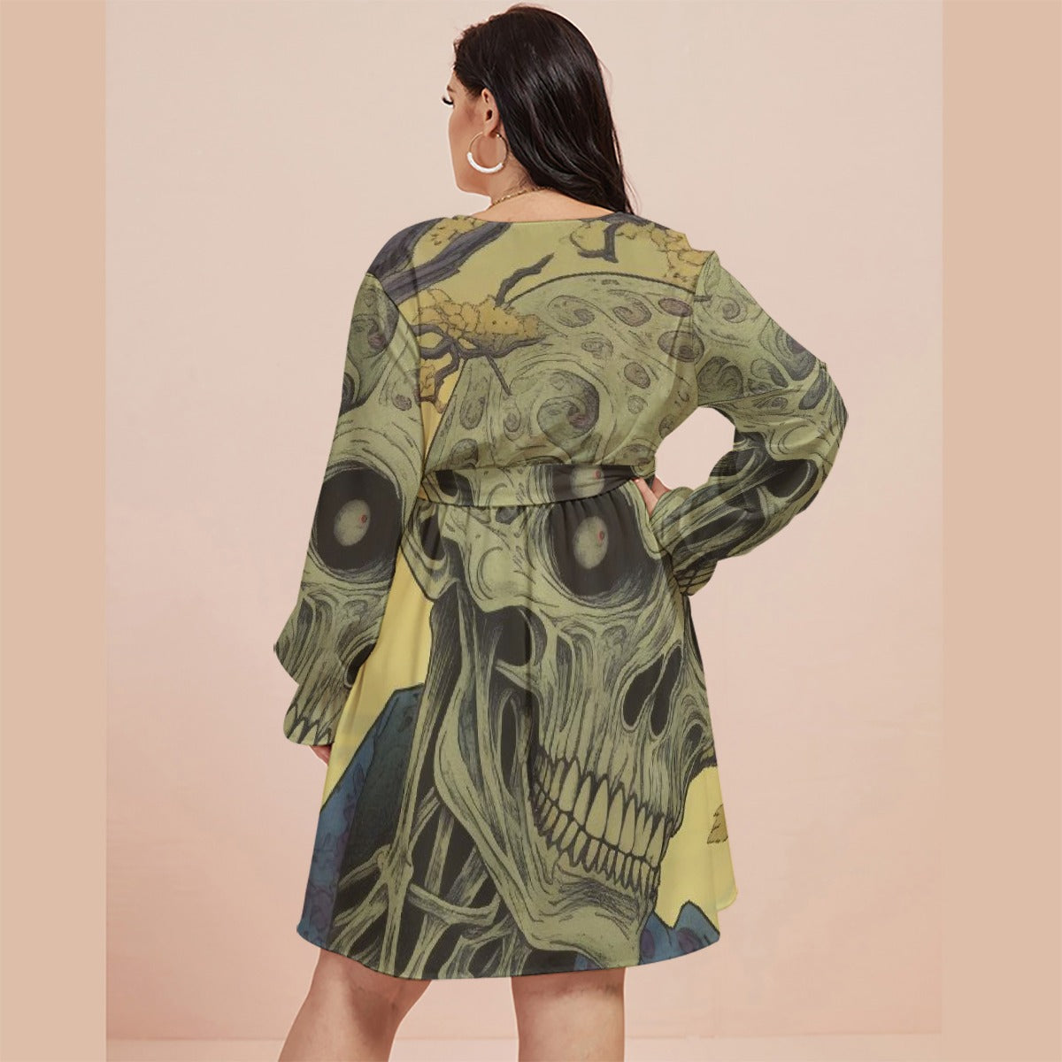 All-Over Print Women's V-neck Dress With Waistband(Plus Size)