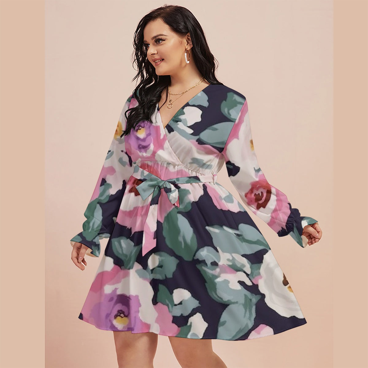 All-Over Print Women's V-neck Dress With Waistband(Plus Size)