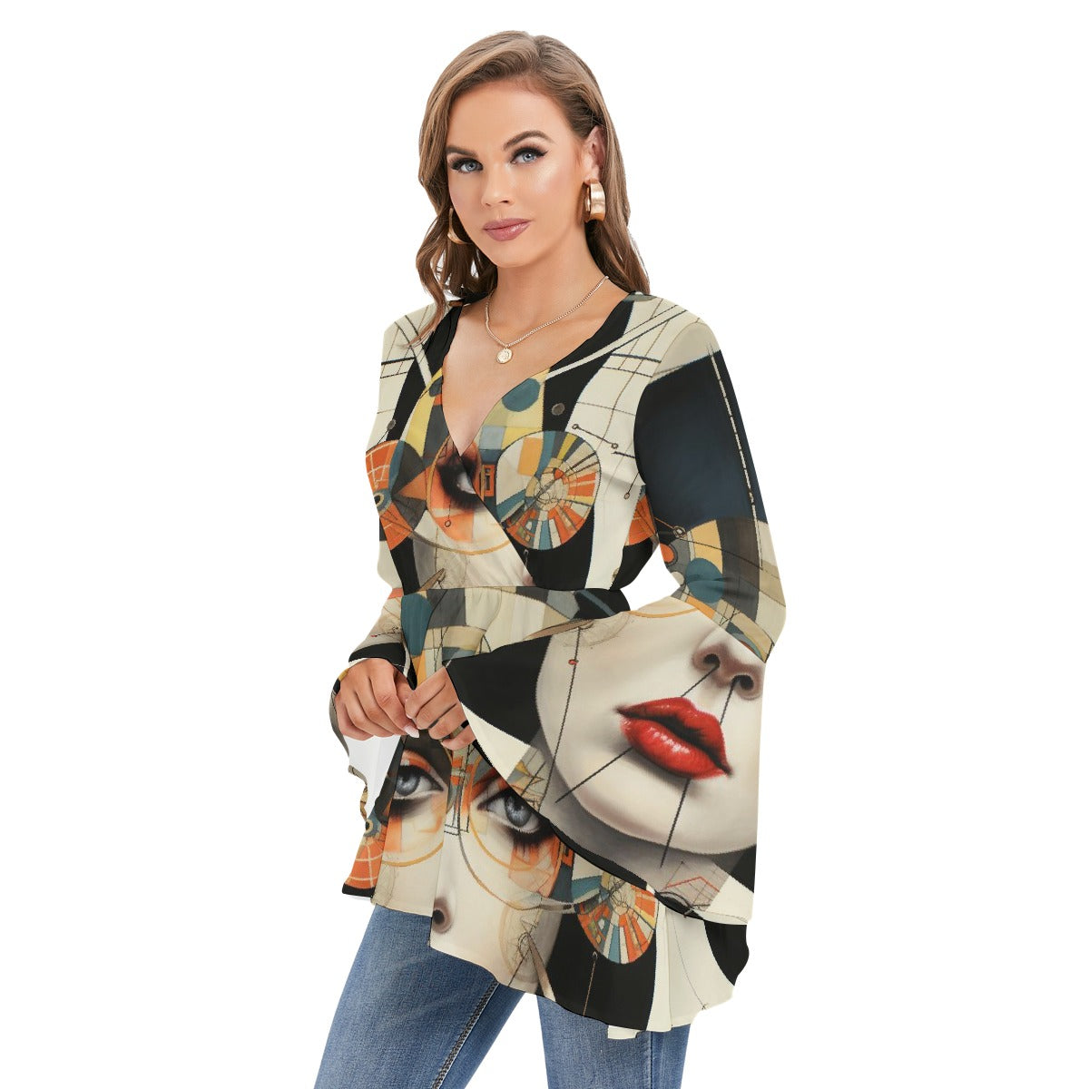 All-Over Print Women's V-neck Blouse With Flared Sleeves