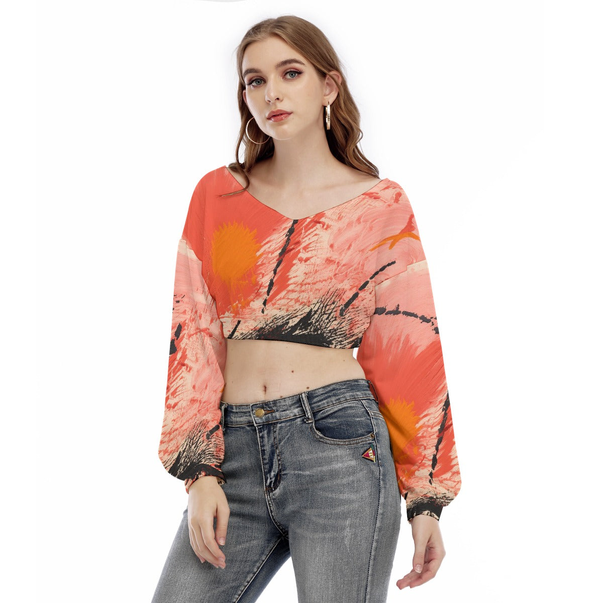All-Over Print Women's V-neck Long Sleeve Cropped Sweatshirt