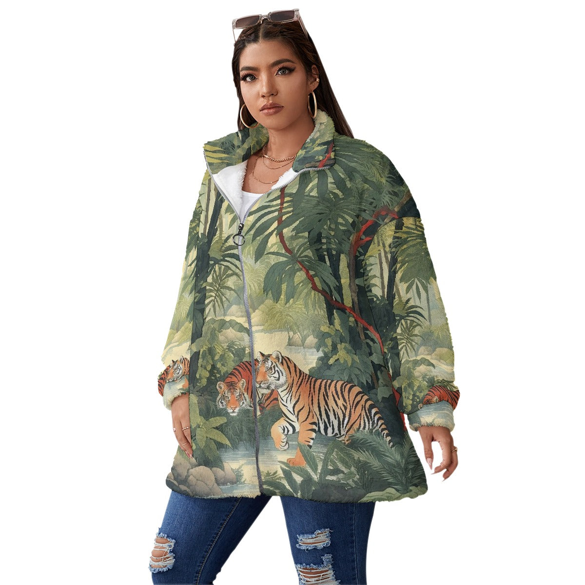 All-Over Print Unisex Borg Fleece Stand-up Collar Coat With Zipper Closure(Plus Size)