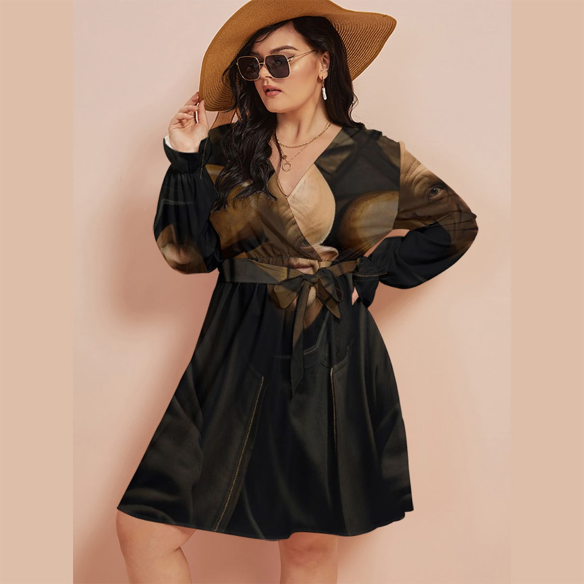 All-Over Print Women's V-neck Dress With Waistband(Plus Size)