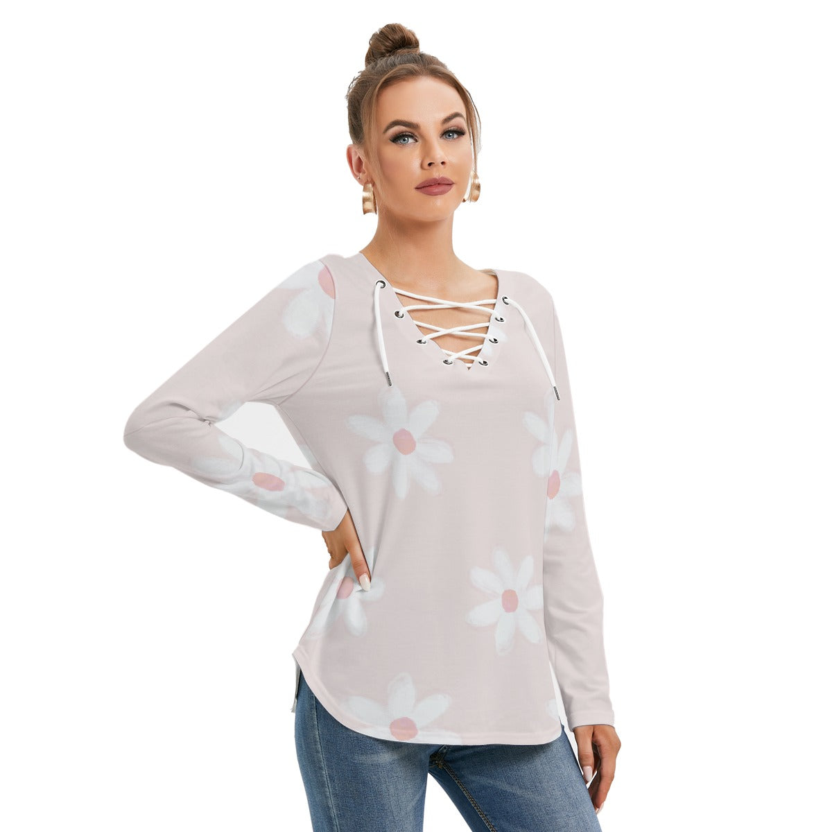 All-Over Print Women's Long Sleeve Neckline Tie Sweatshirt