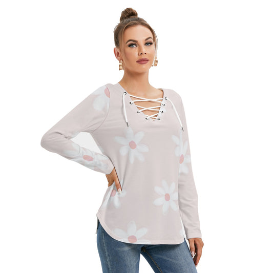 All-Over Print Women's Long Sleeve Neckline Tie Sweatshirt