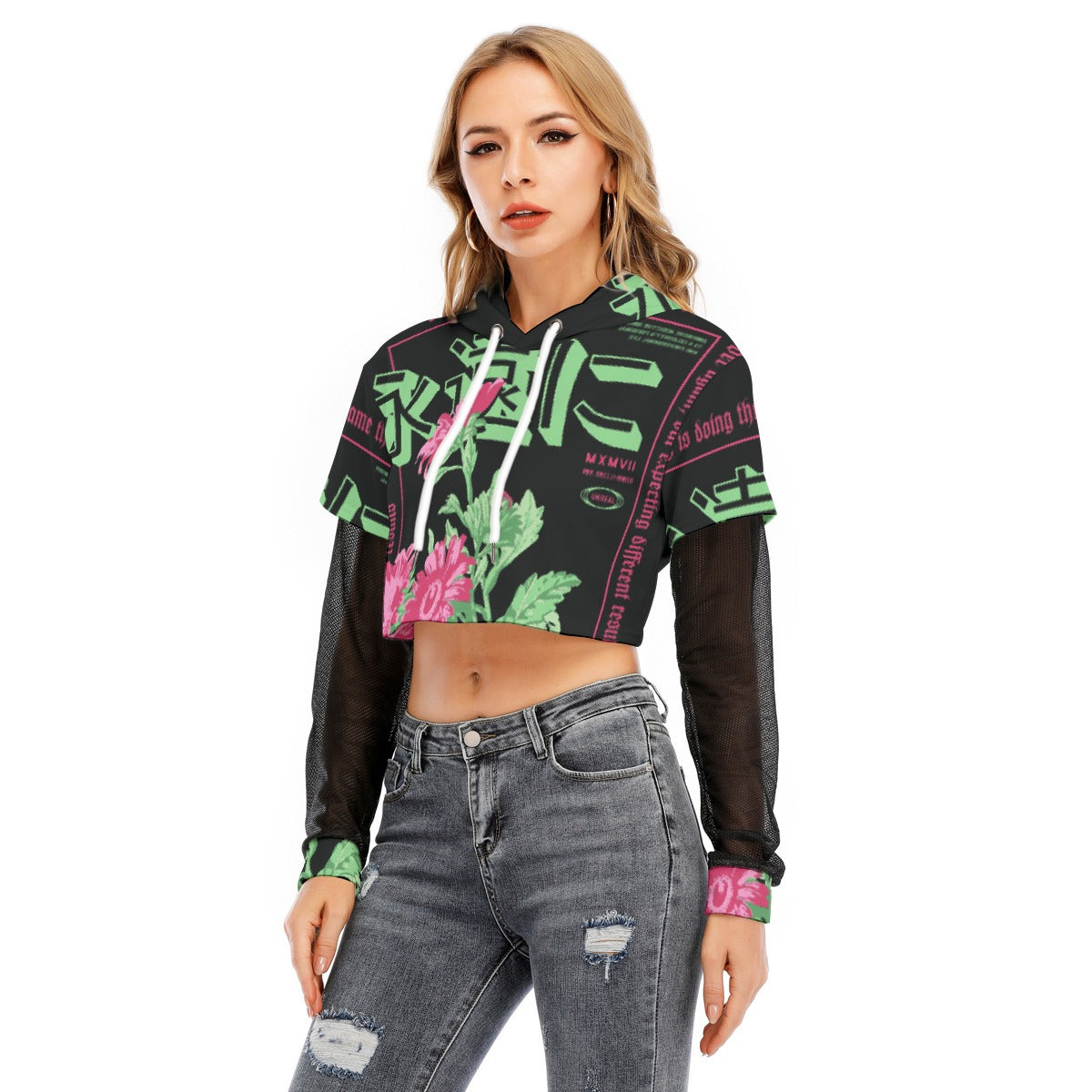 All-Over Print Women's Fake Two-piece Mesh Sleeve Cropped Hoodie