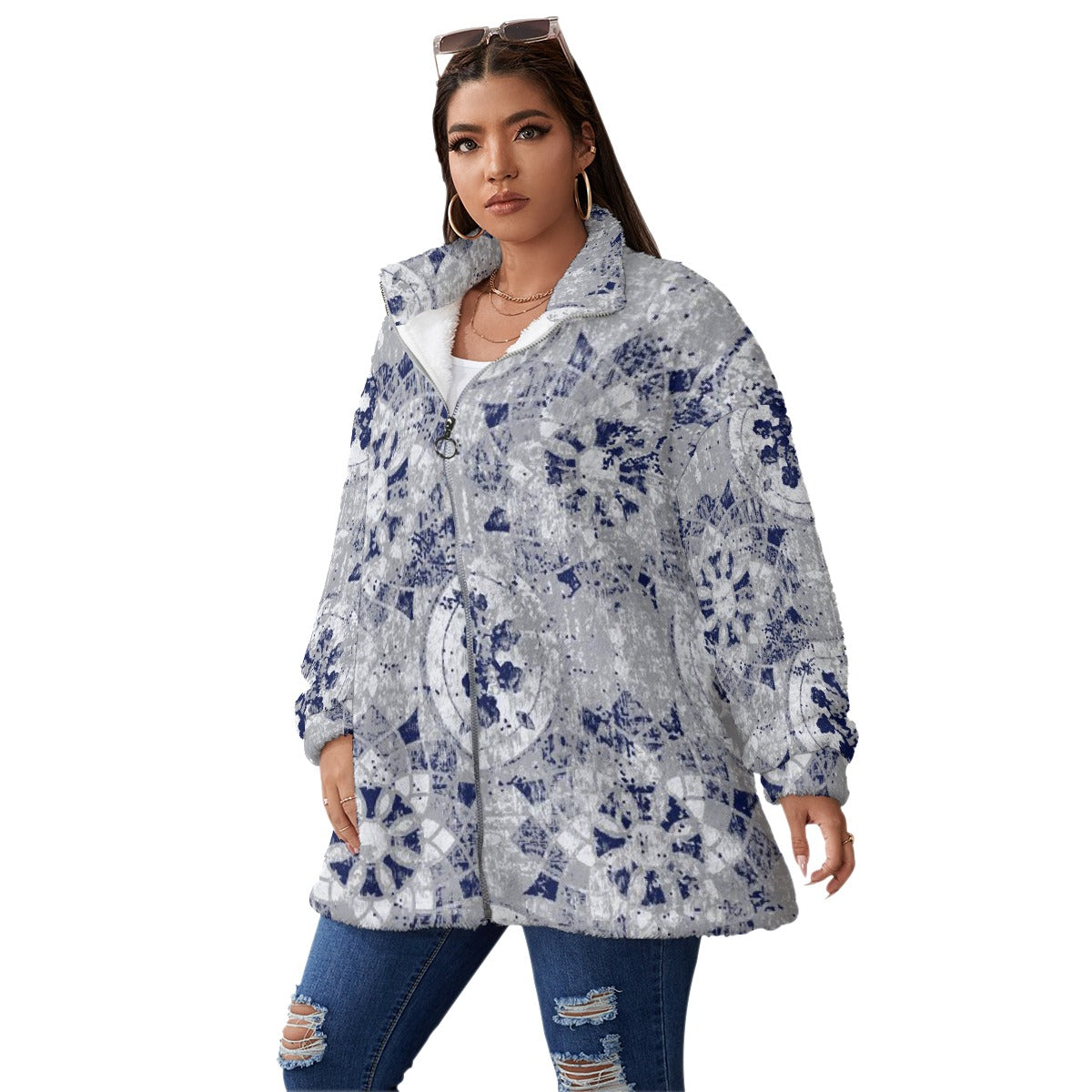 All-Over Print Unisex Borg Fleece Stand-up Collar Coat With Zipper Closure(Plus Size)