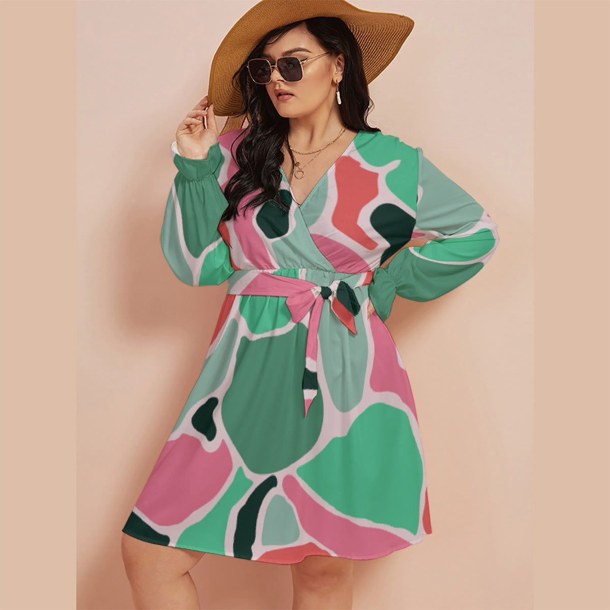 All-Over Print Women's V-neck Dress With Waistband(Plus Size)