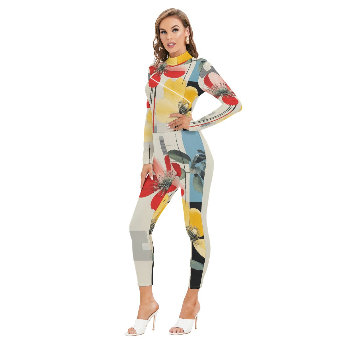 All-Over Print Women's Long-sleeved High-neck Jumpsuit With Zipper