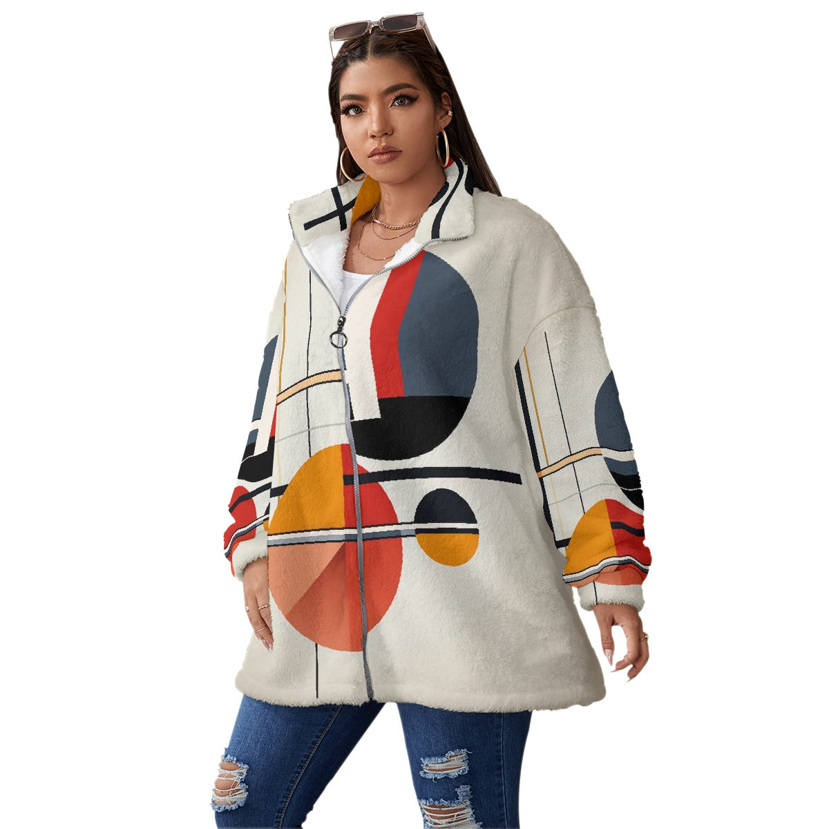 All-Over Print Unisex Borg Fleece Stand-up Collar Coat With Zipper Closure(Plus Size)