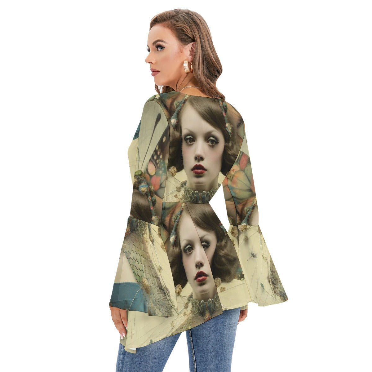 All-Over Print Women's V-neck Blouse With Flared Sleeves