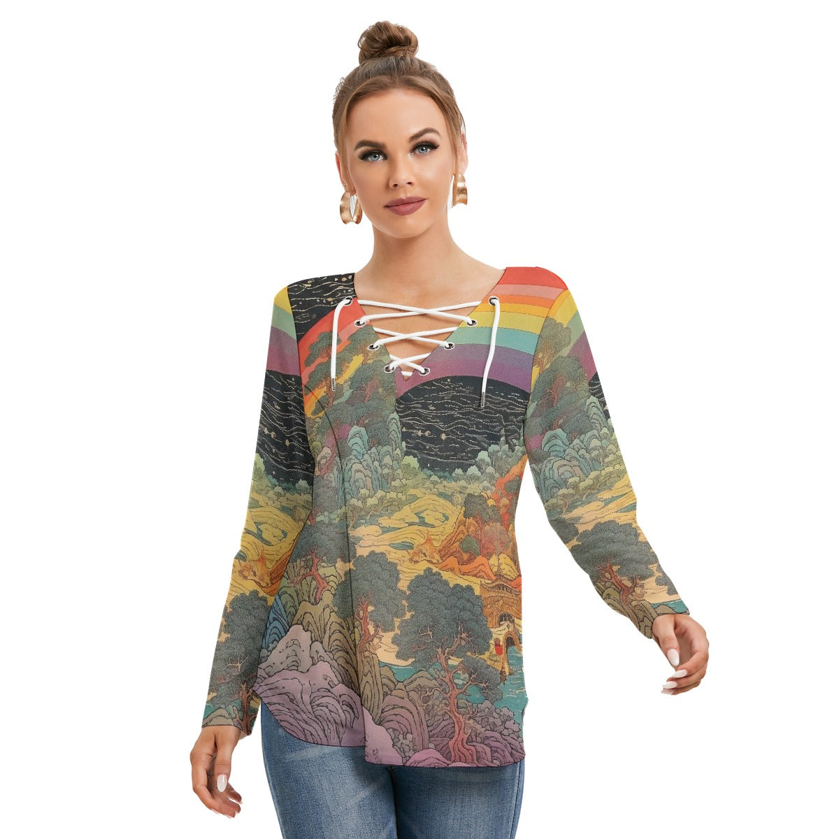 All-Over Print Women's Long Sleeve Neckline Tie Sweatshirt