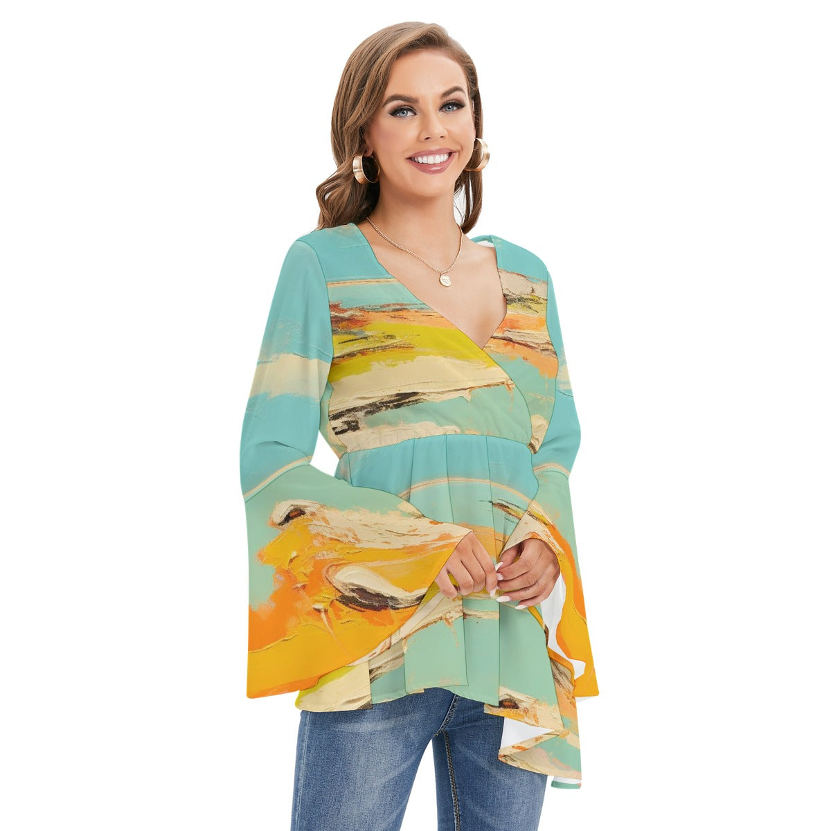 All-Over Print Women's V-neck Blouse With Flared Sleeves