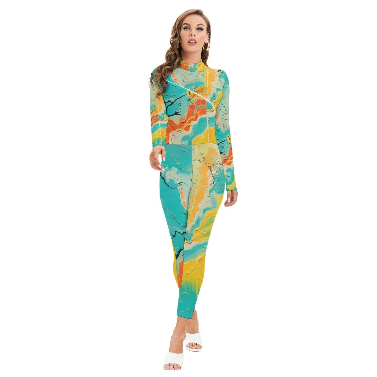 All-Over Print Women's Long-sleeved High-neck Jumpsuit With Zipper