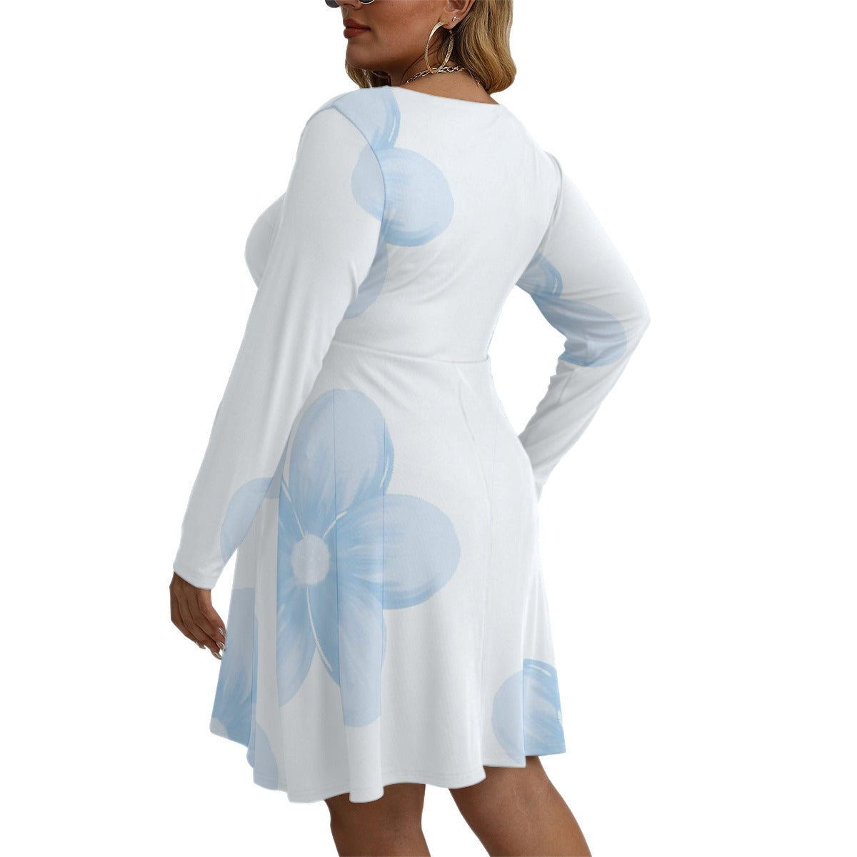 All-Over Print Women's V-neck Long Sleeve Dress(Plus Size)